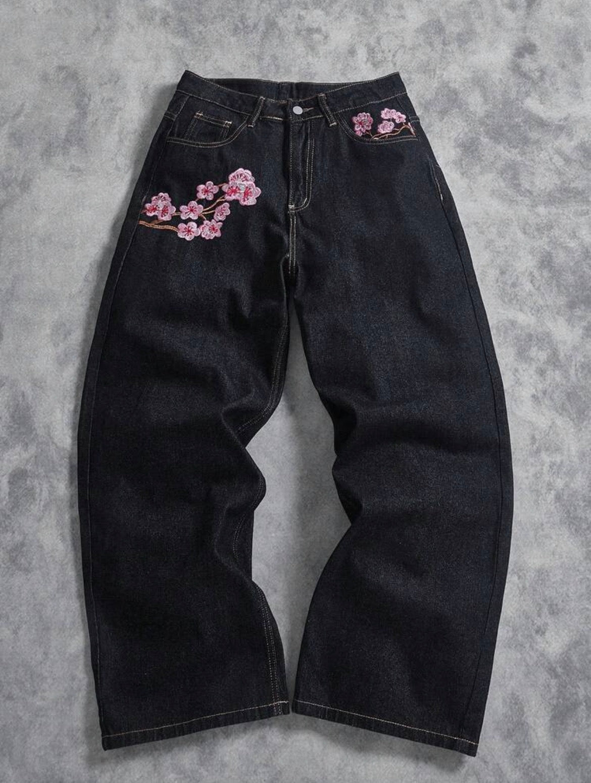 Black Cherry Blossom Embroidered Jeans