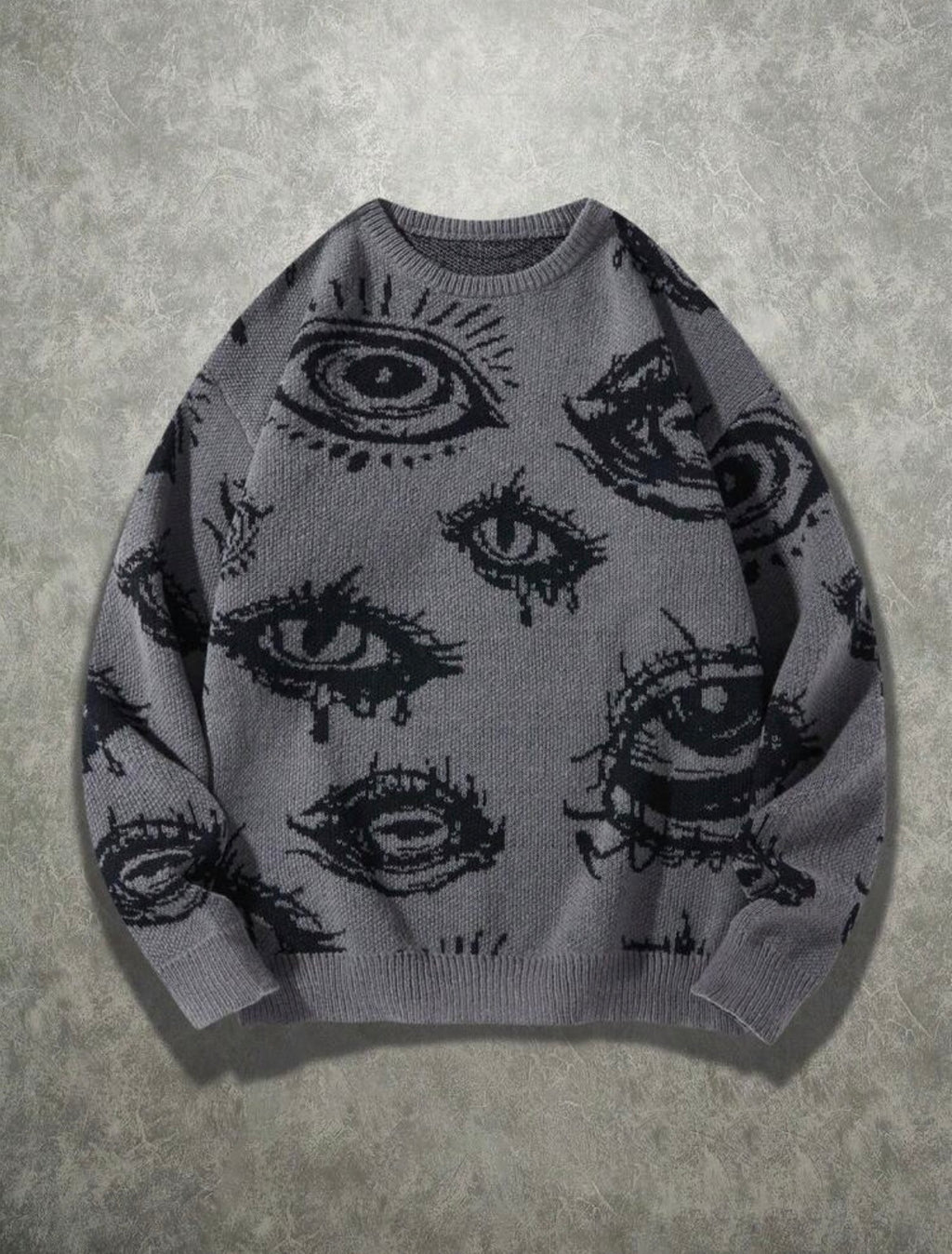 Grey All-Over Eye Graphic Knit Sweater